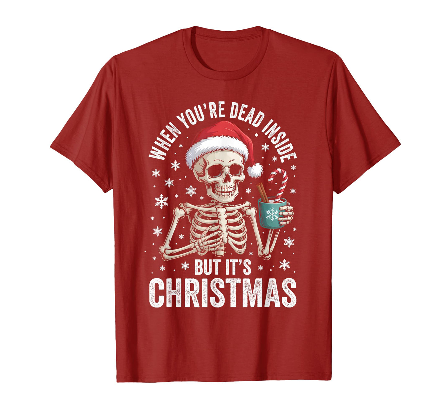 Dead Inside But It's Christmas Skeleton Coffee Santa Hat T-Shirt