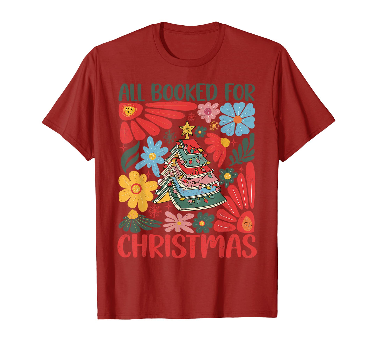 All Booked for Christmas Book Tree Lights Library T-Shirt