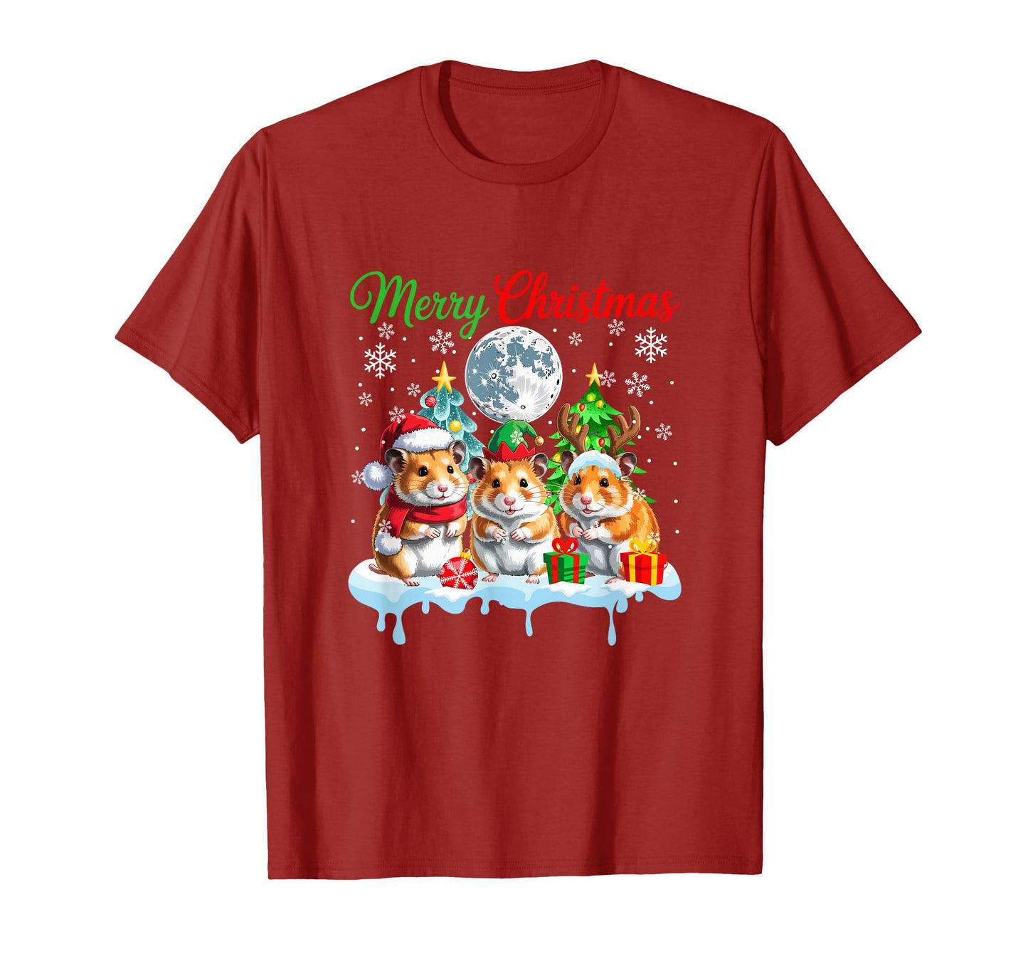 Merry Christmas Three Santa Elf Reindeer Hamsters Rodent T-Shirt
