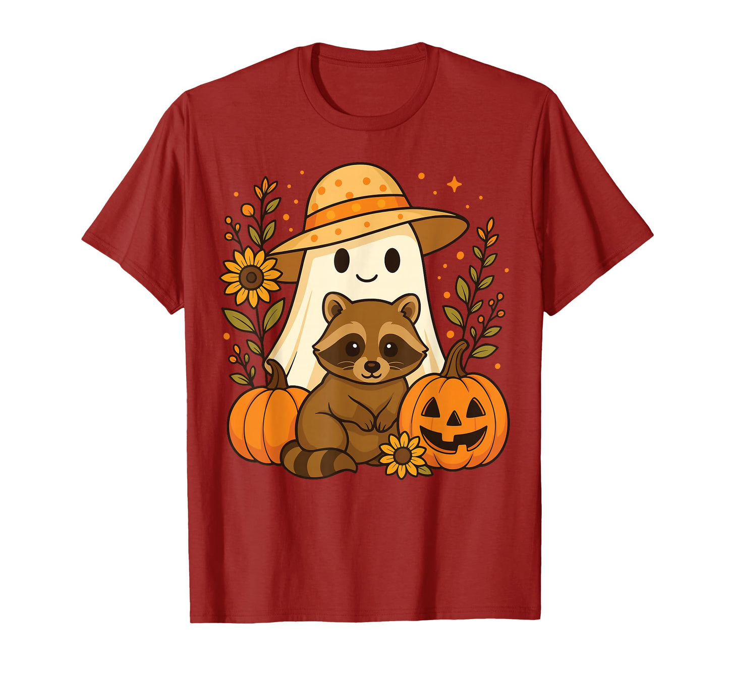 Vintage Halloween Ghost Holding Raccoon Groovy Floral Fall T-Shirt