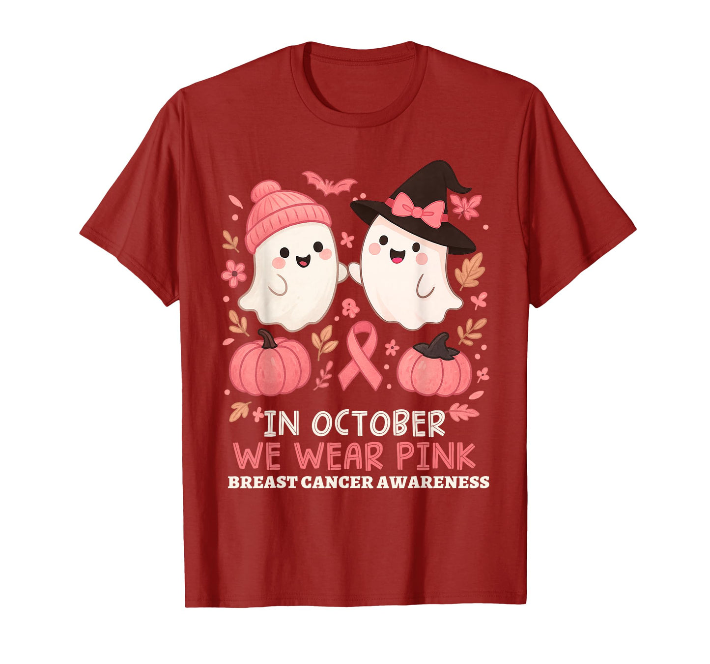 in October We Wear Pink Ghost Witch Breast Cancer Awareness T-Shirt