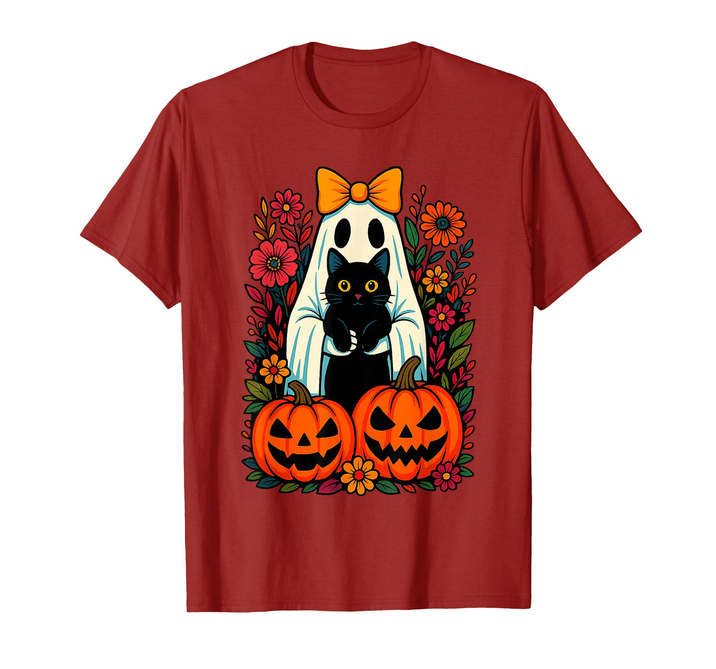 Retro Halloween Ghost Holding Black Cat Groovy Floral T-Shirt