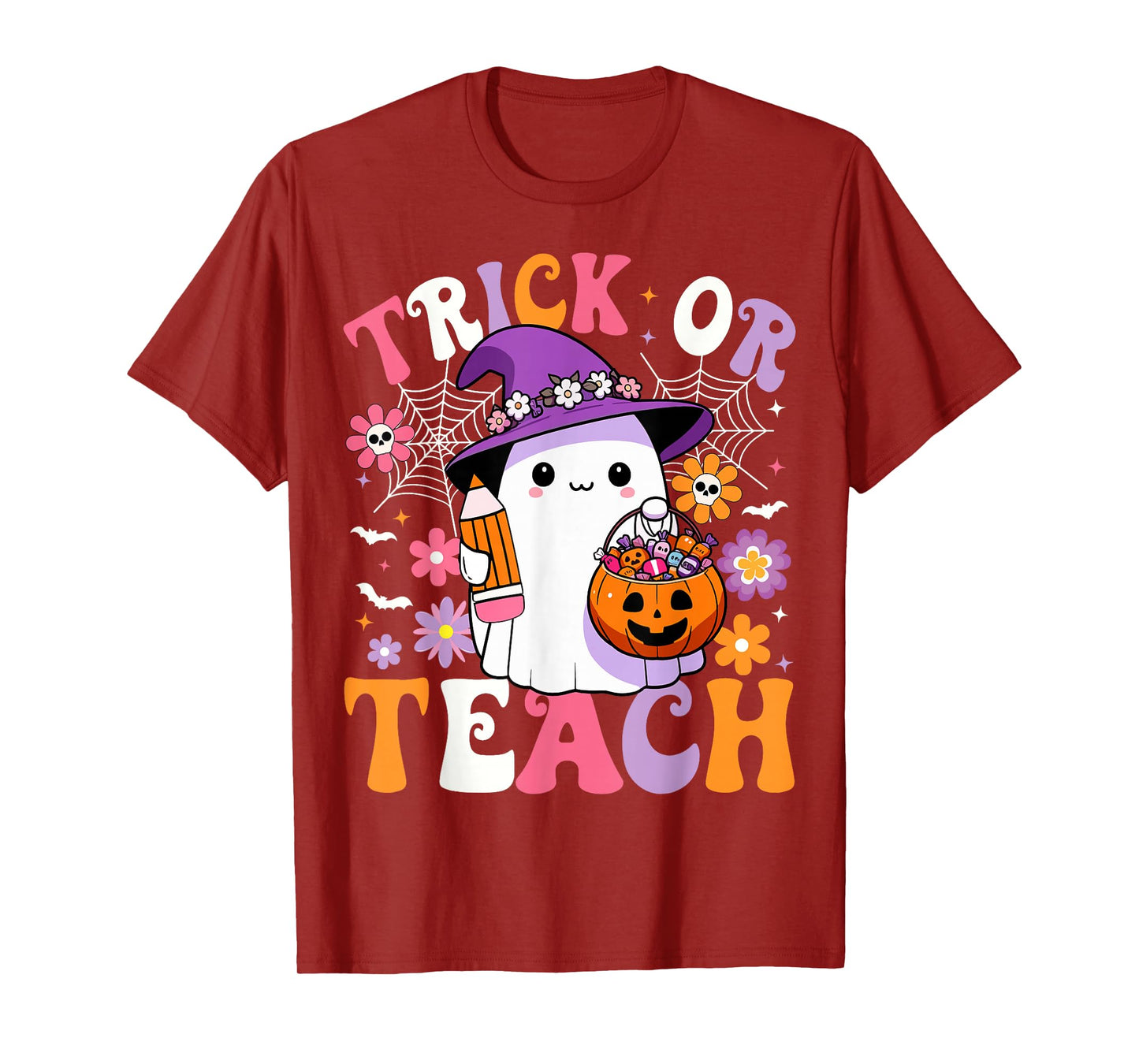 Trick Or Teach Groovy Teacher Ghost Funny Halloween Teacher T-Shirt