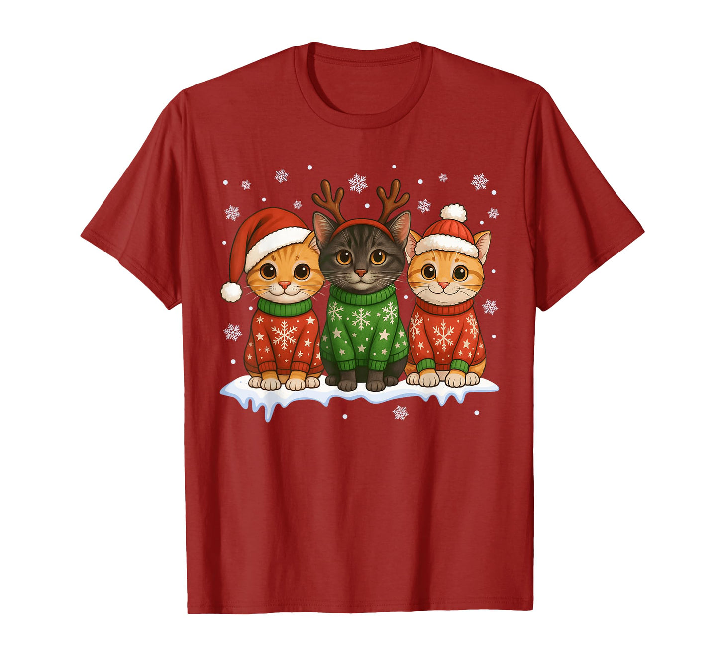 Cat Christmas Light Reindeer Santa Christmas Cat Lover T-Shirt