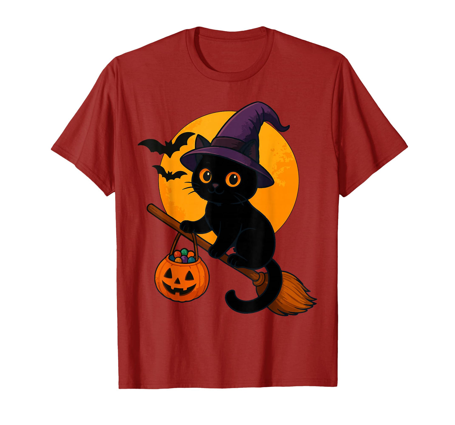 Cute Black Cat Witch on Broom Halloween Costume Moon Pumpkin T-Shirt