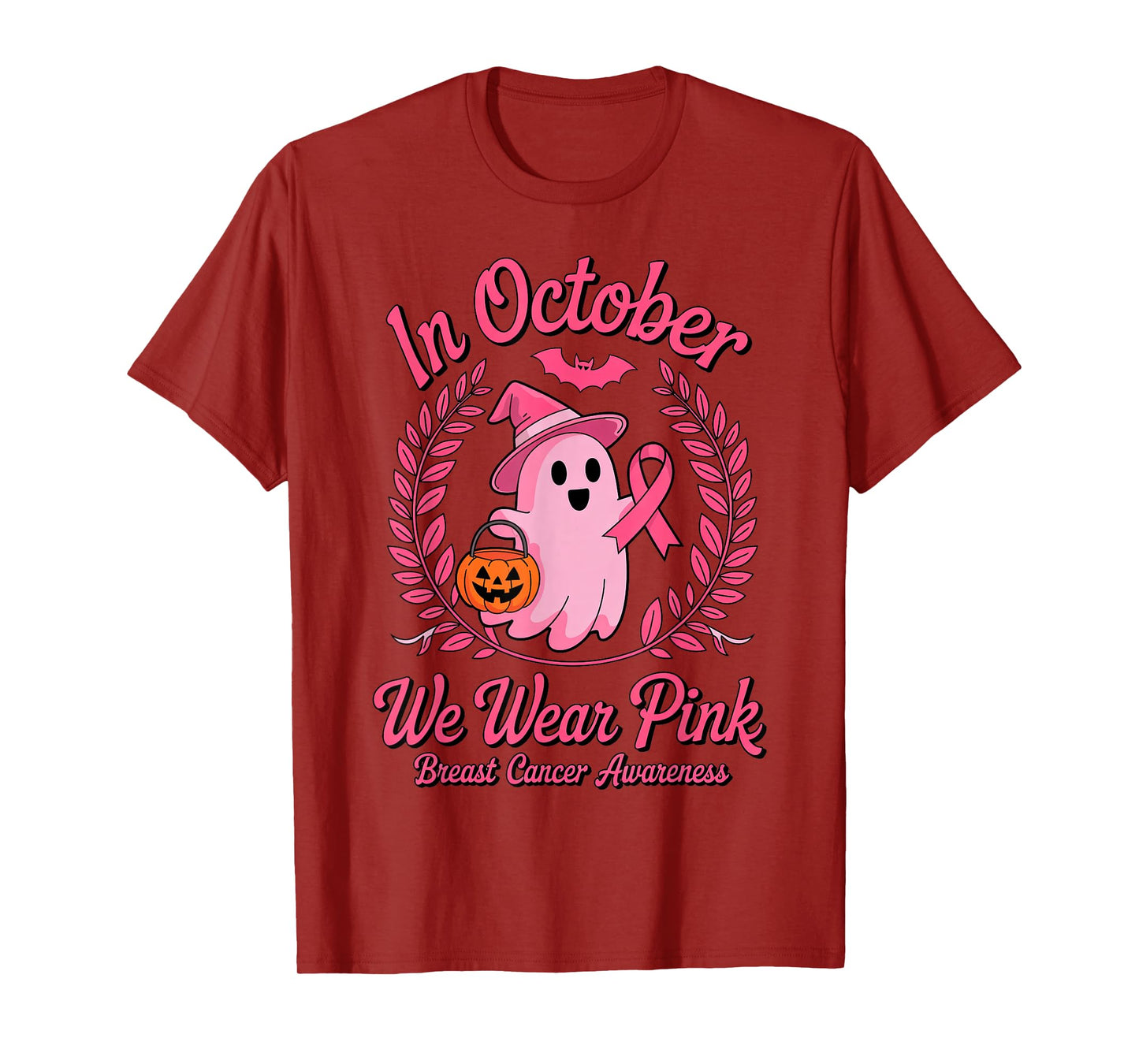 in October We Wear Pink Halloween Ghost Witch Breast Cancer T-Shirt