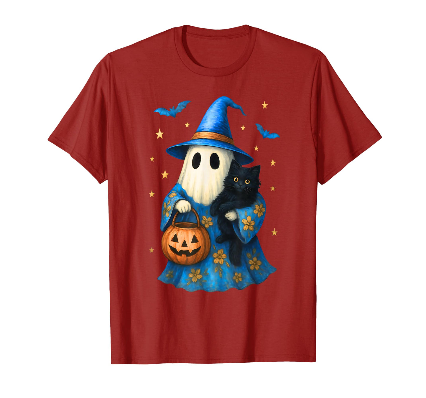 Vintage Halloween Ghost Holding Black Cat Groovy Floral T-Shirt