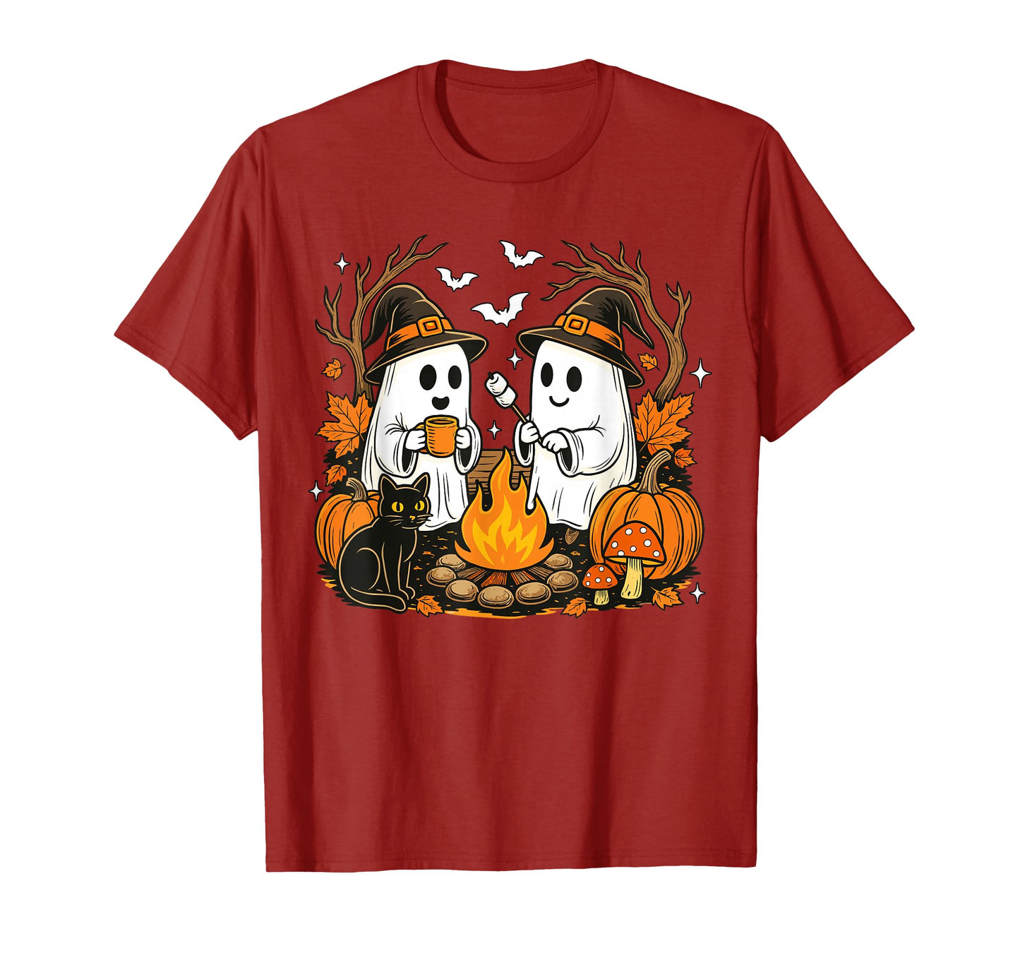 Cute Ghost Black Cat Halloween Witch Pumpkin Dark Forest T-Shirt