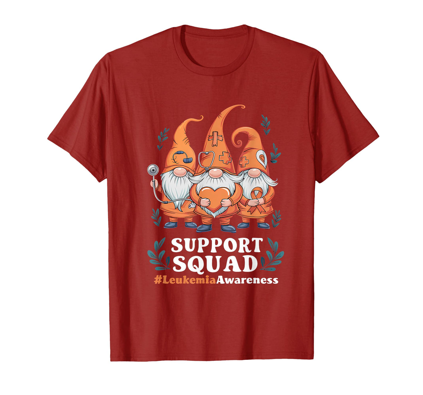 Leukemia Cancer Awareness Gnome Support Squad Orange Ribbon T-Shirt