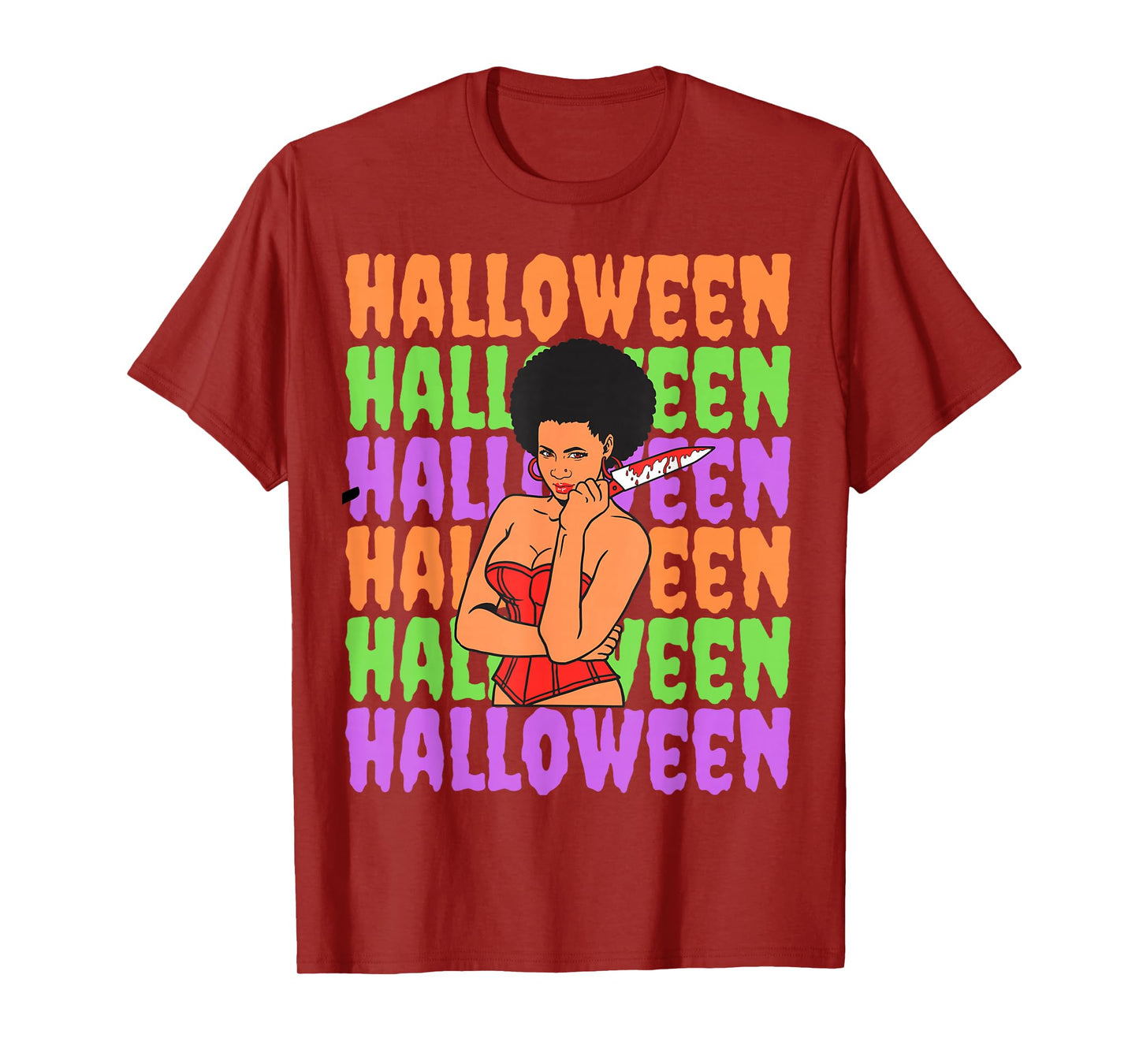 Funny Melanin Halloween Black Girl Magic Scary Blood Knife T-Shirt