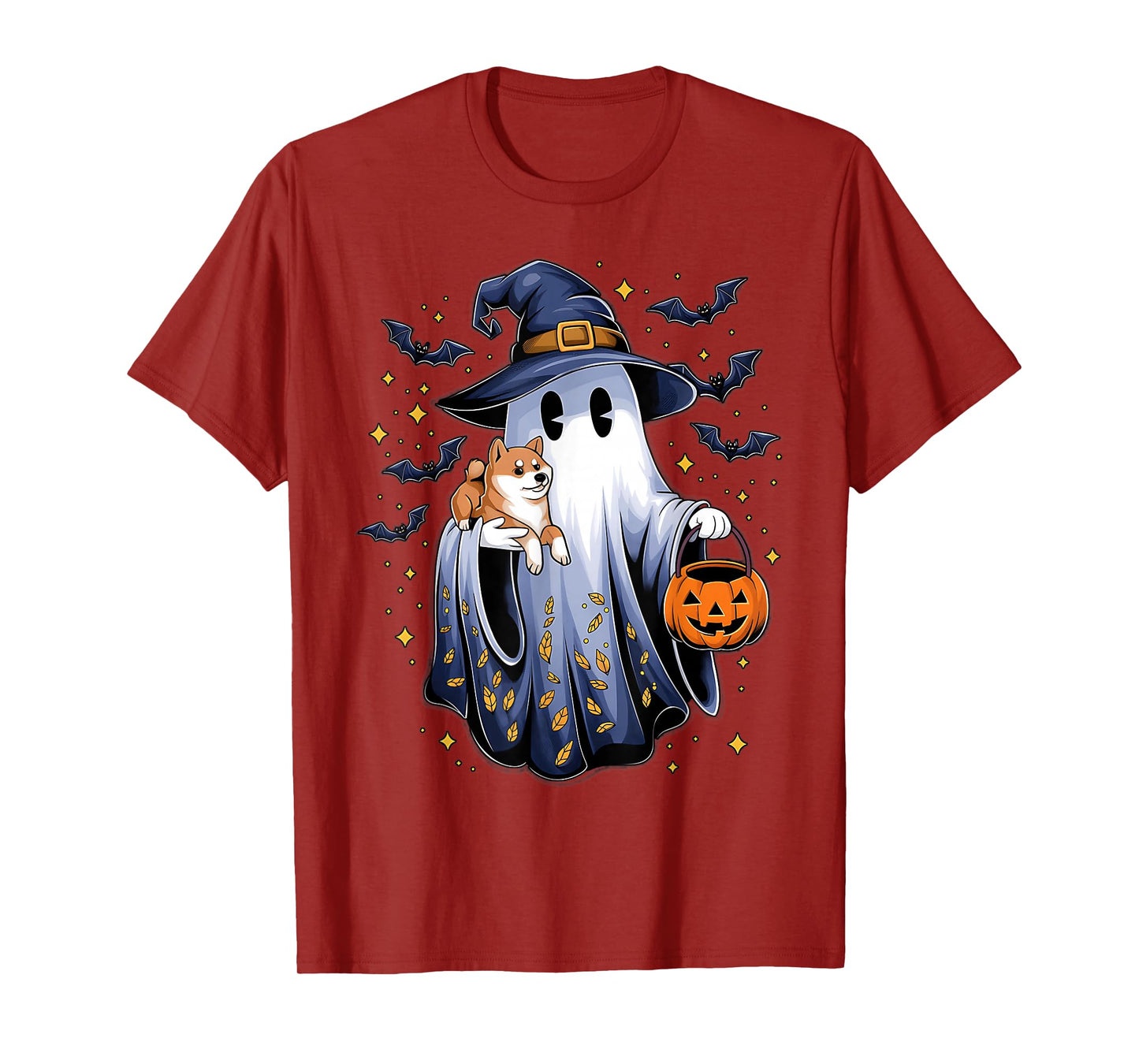 Ghost Witch Holding Shiba Inu Dog Pumpkins Vintage Halloween T-Shirt