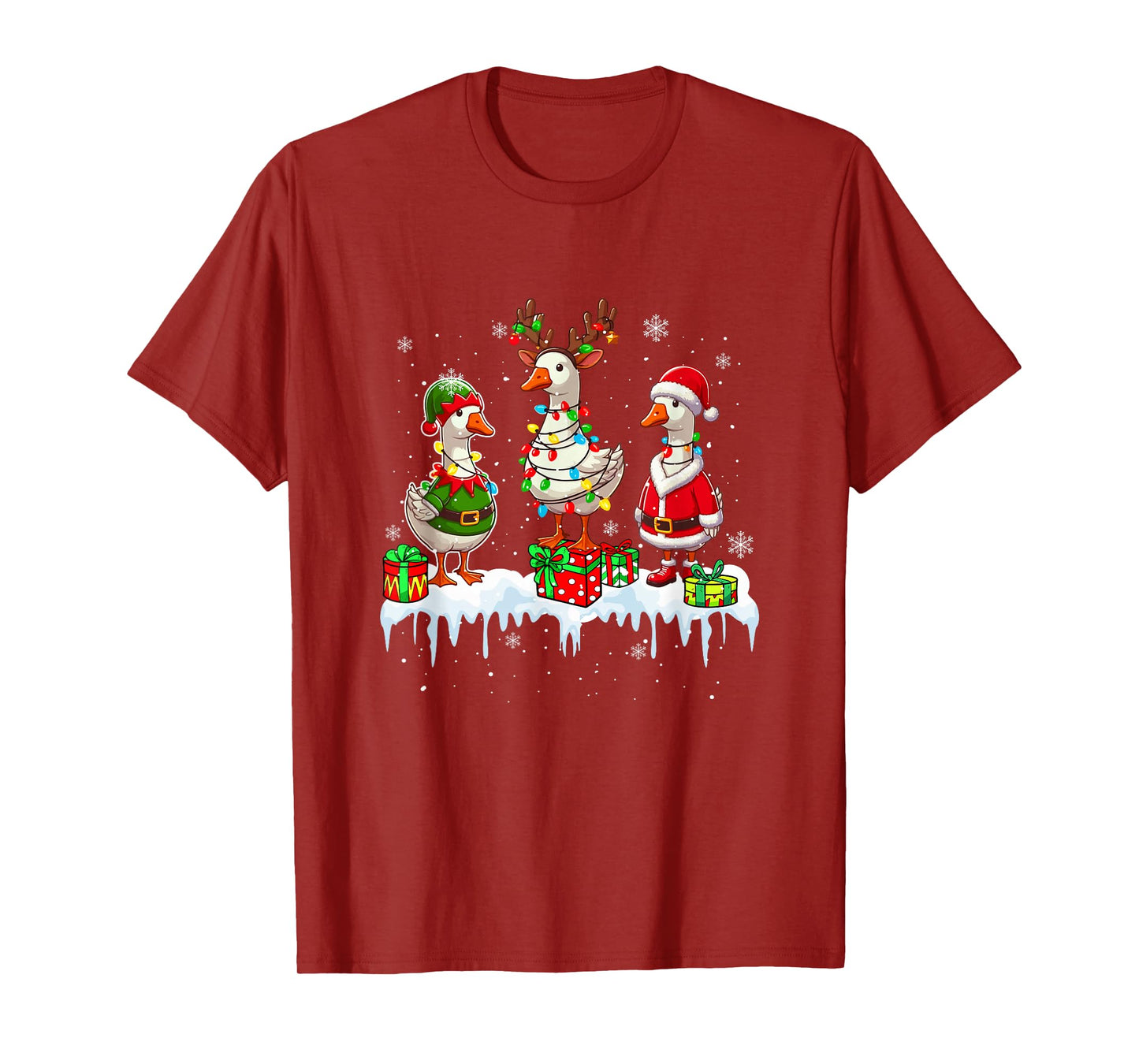 Three Santa Reindeer Elf Gooses Christmas Colorful Lights T-Shirt