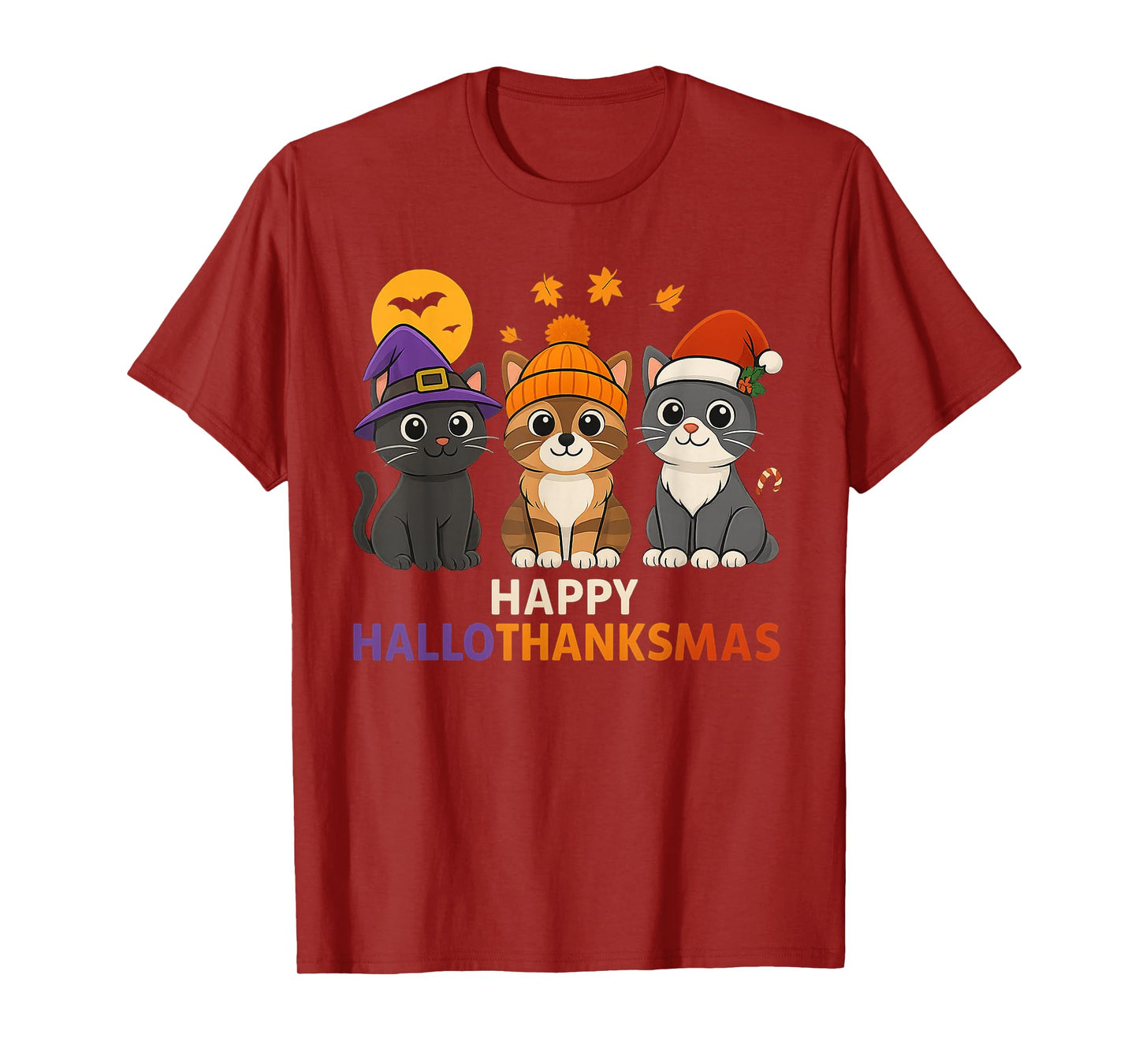 Cat Lover HalloThanksMas Halloween Thanksgiving Christmas T-Shirt