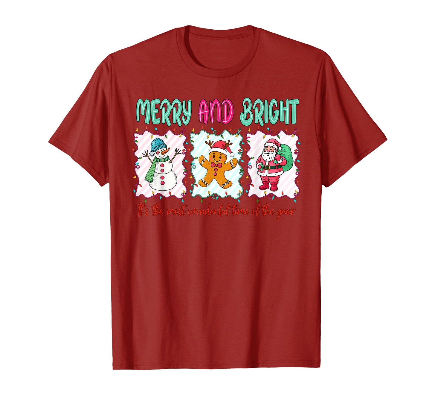 Merry and Bright Gingerbread Santa Snowman Christmas Women T-Shirt