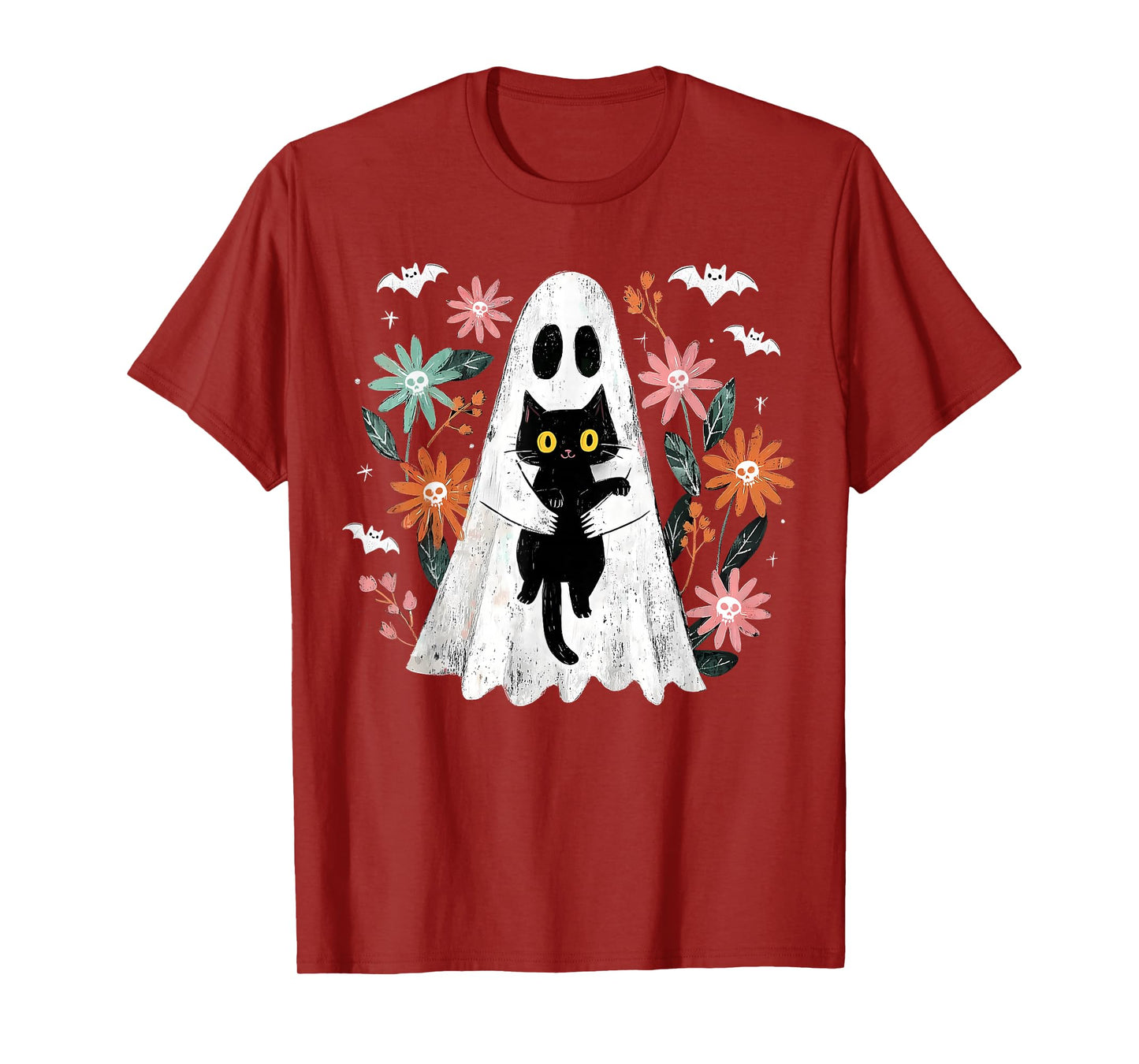 Spooky Ghost Hugging Black Cat Gothic Halloween Floral Skull T-Shirt