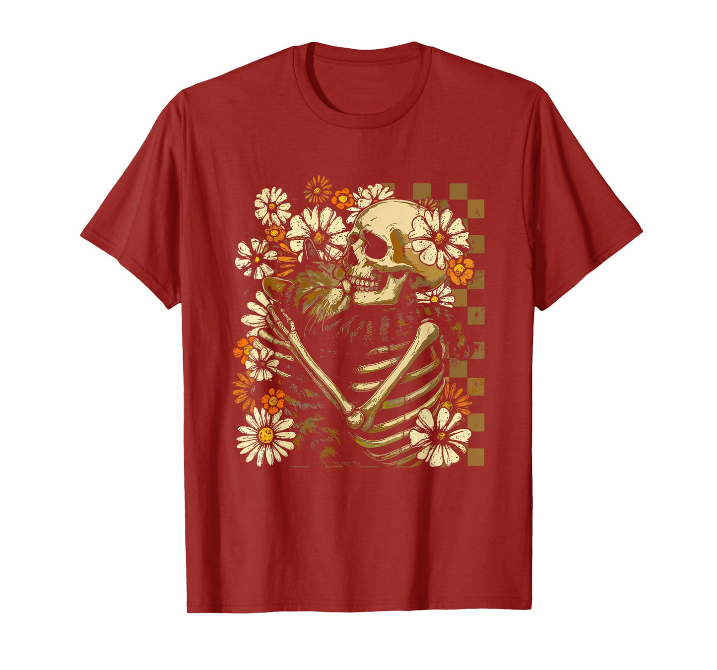 Floral Skeleton Hugging Cat Halloween Cat Lover Cat Mom T-Shirt