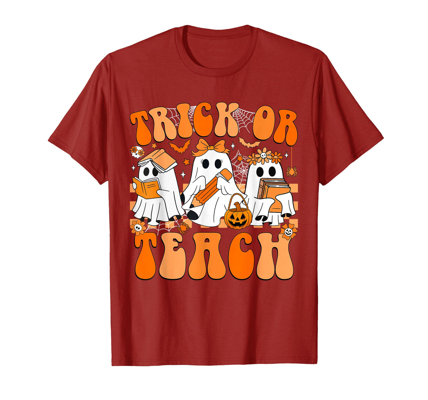 Trick Or Teach Groovy Teacher Halloween Retro Floral Ghost T-Shirt