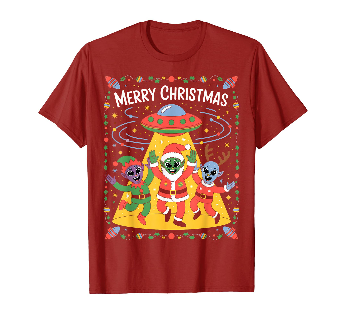 Funny Alien Trio Merry Ugly Christmas Santa Hat Gifts Xmas T-Shirt