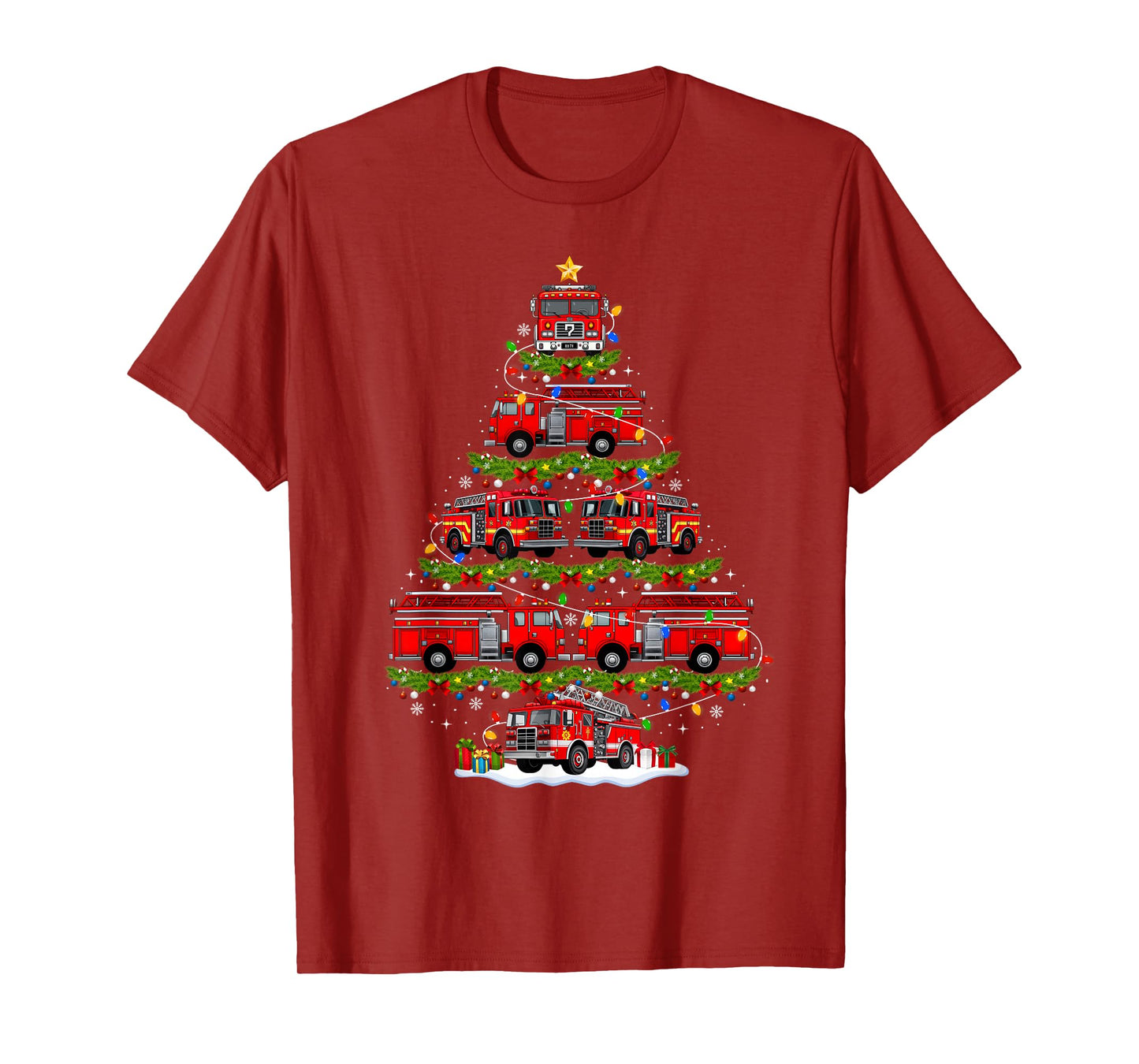 Fire Truck Firefighter Christmas Tree Lights Xmas Pajamas T-Shirt
