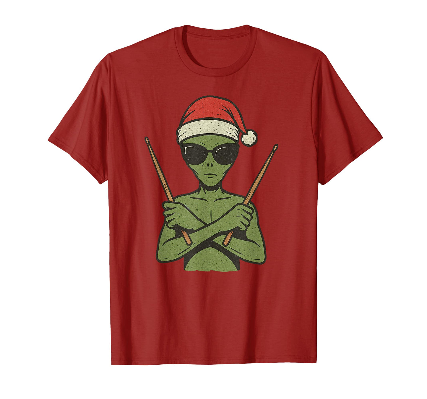 Alien Playing Drums Christmas Vintage Funny Drummer Xmas T-Shirt