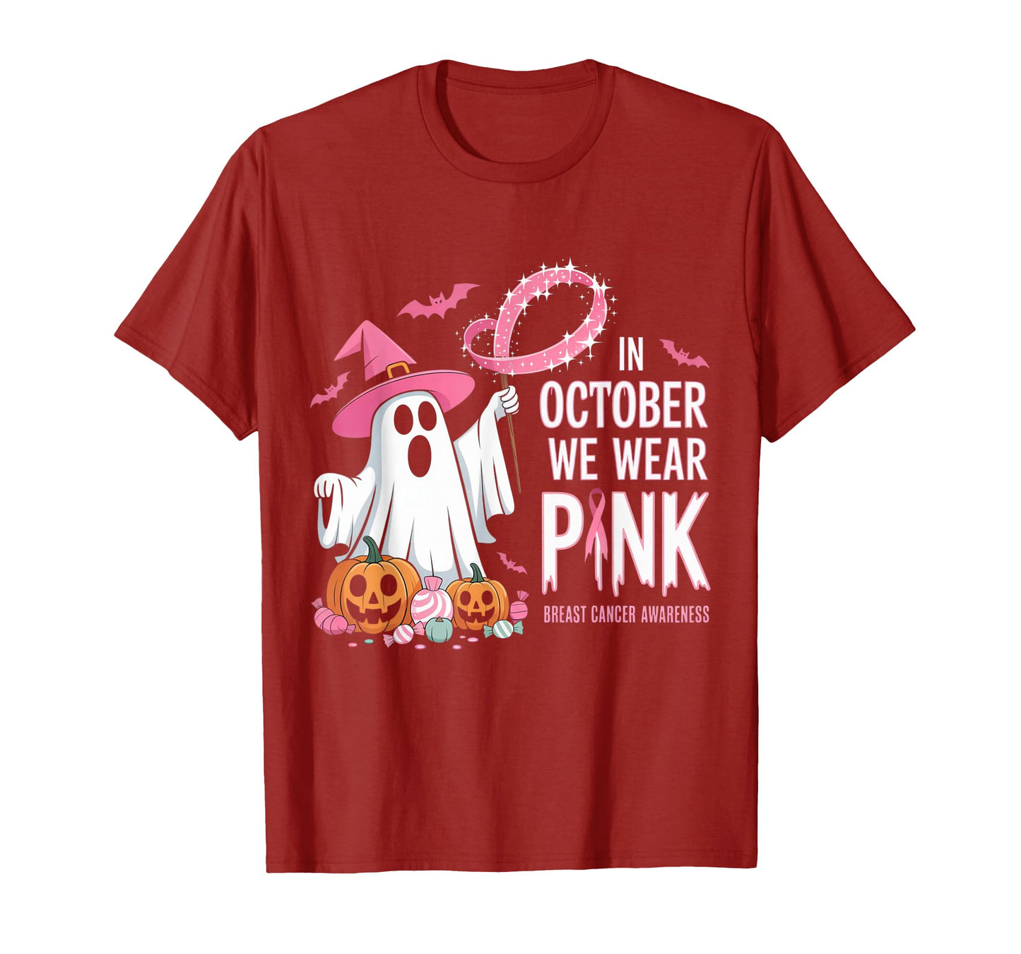 in October We Wear Pink Ghost Witch Breast Cancer Awareness T-Shirt