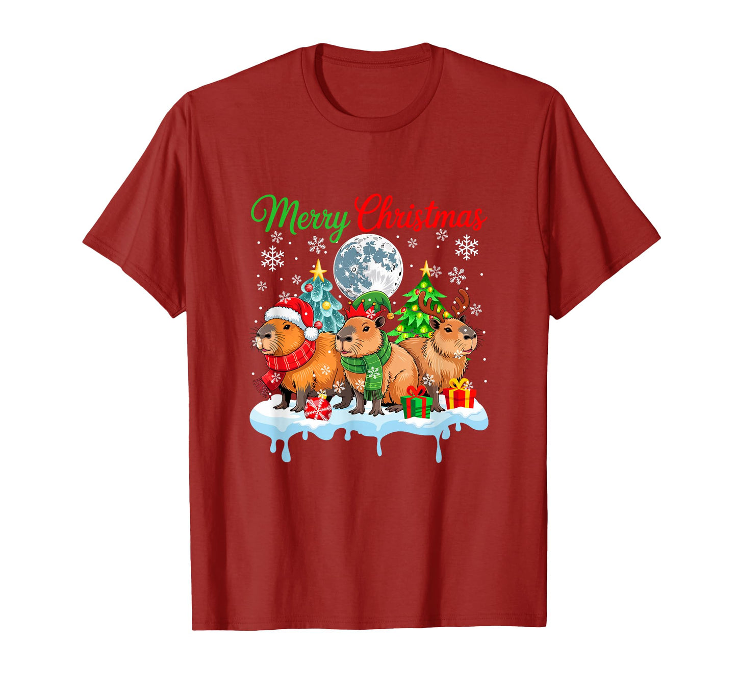 Merry Christmas Three Santa Elf Reindeer Capybaras Rodent T-Shirt