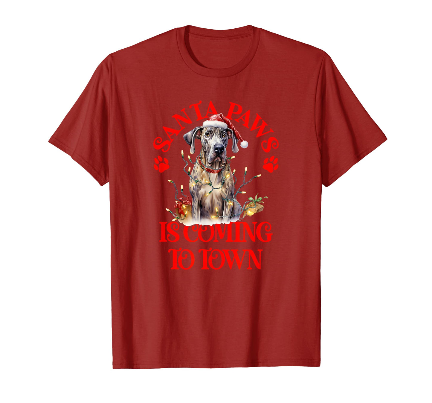 Santa Paws is Coming to Town with Christmas Great Dane T-Shirt