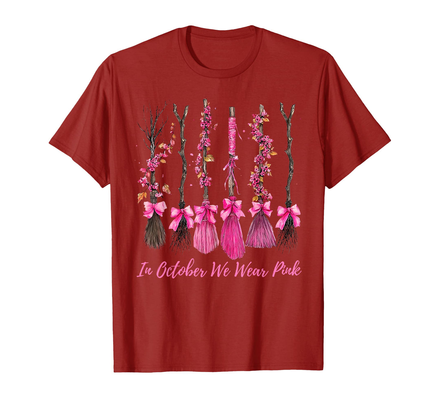in October We Wear Pink Witch Broom Breast Cancer Halloween T-Shirt
