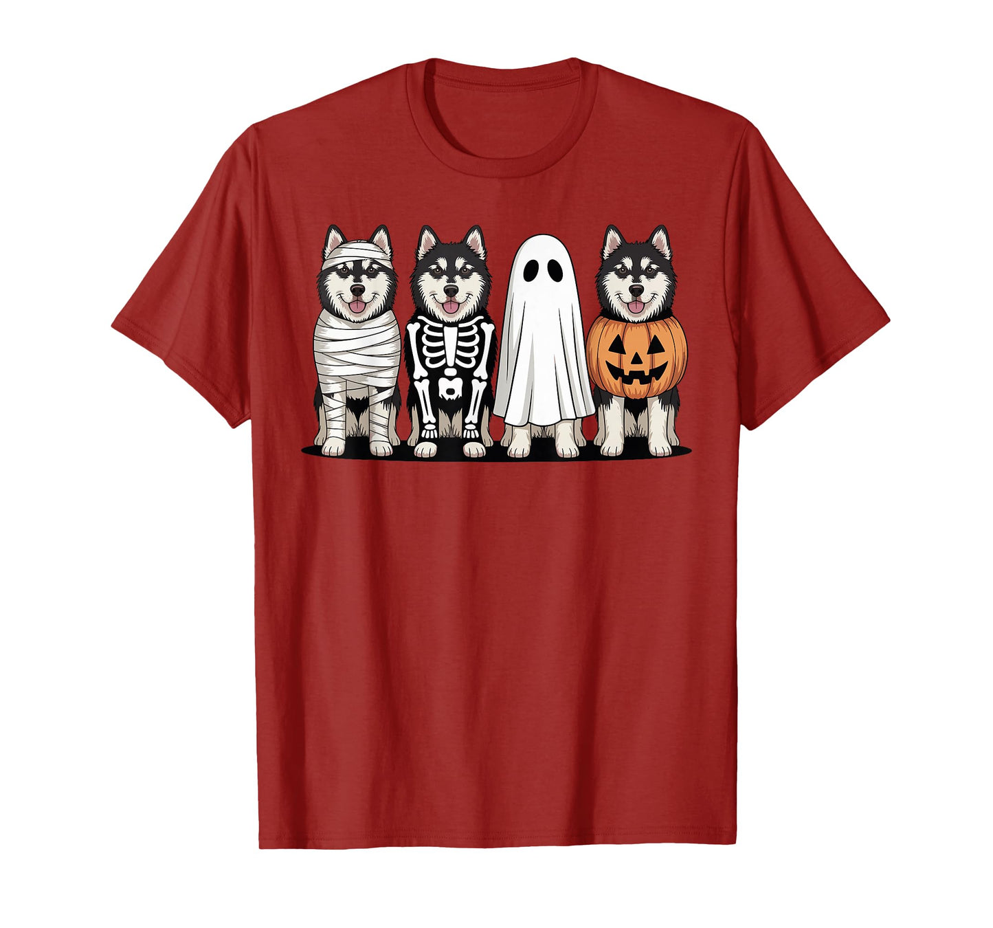 Spooky Ghost Alaskan Malamute Pumpkin Halloween Dog Skeleton T-Shirt