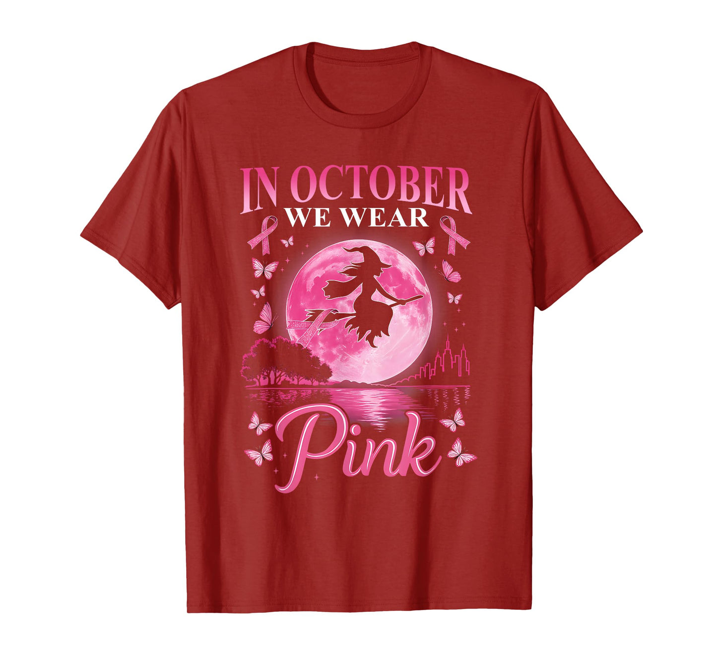 in October We Wear Pink Ribbon Witch Halloween Breast Cancer T-Shirt
