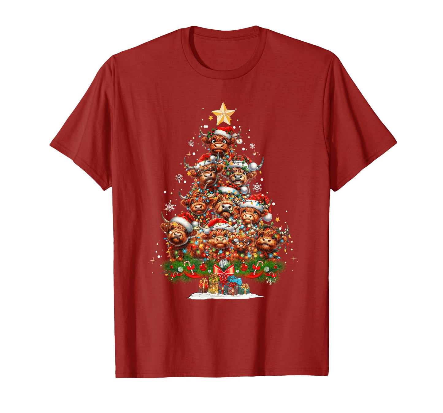 Funny Highland Cow Christmas Tree Light Xmas Funny Cow Lover T-Shirt
