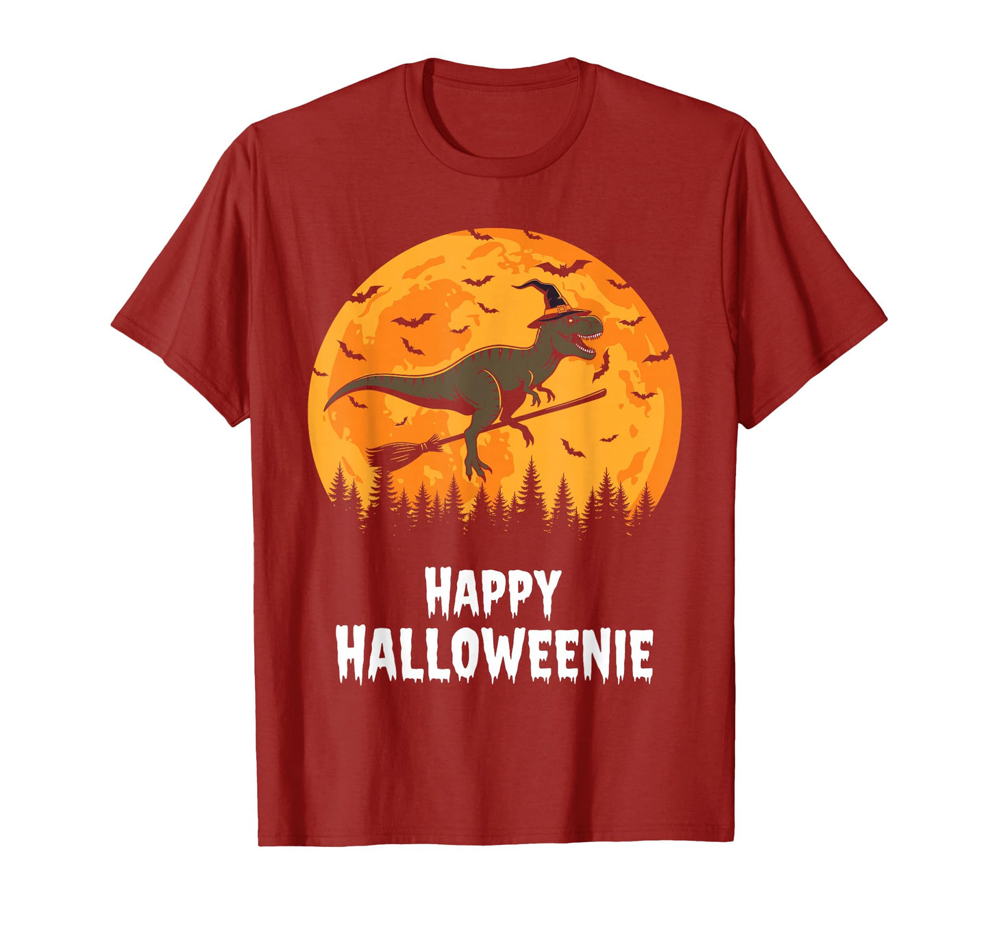 Happy Halloweenie Funny Dinosaur T Rex Flying Witch T-Shirt