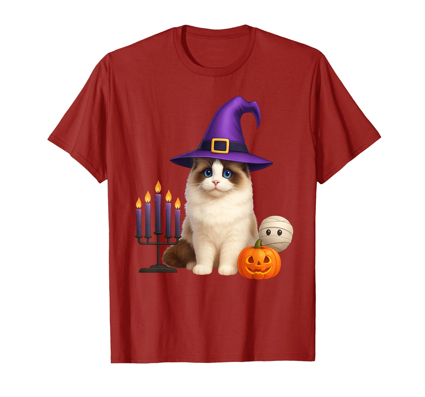Men Women Kids Cute Pumpkin Witch Hat Ragdoll Cat Halloween T-Shirt