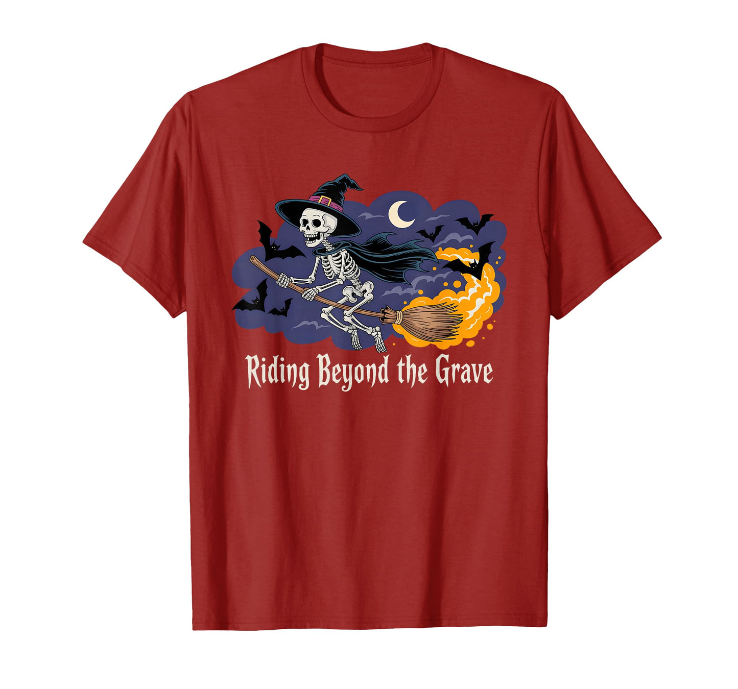 Skeleton Witch Hat Flying Broom Halloween Bats Moon Rider T-Shirt