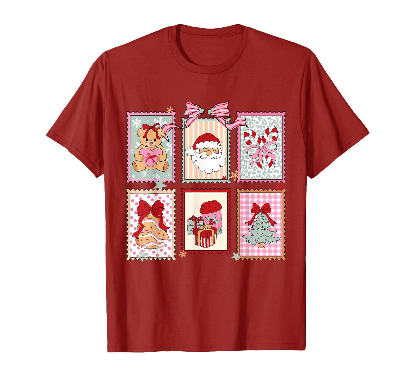 Retro Funny Coquette Bow Christmas Stamps Santa Xmas Holiday T-Shirt