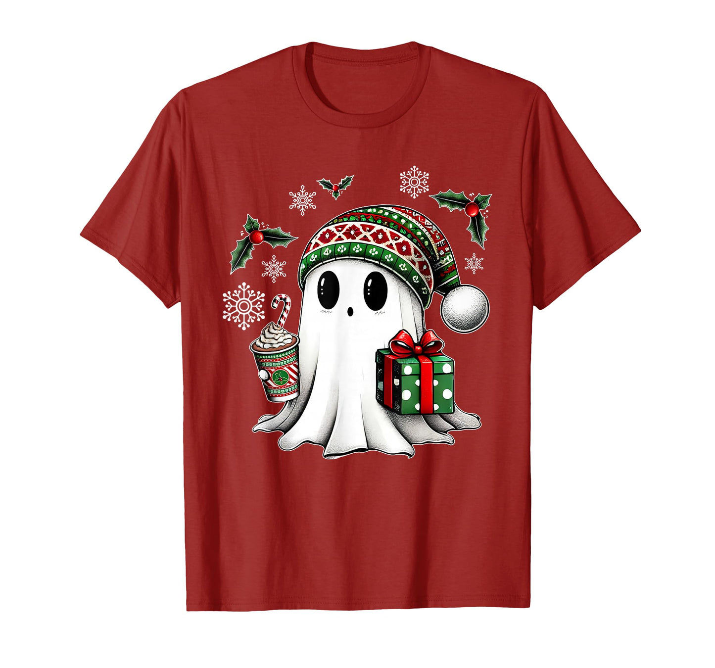Cute Christmas Ghost Spirit with Santa Hat Coffee and Gift T-Shirt