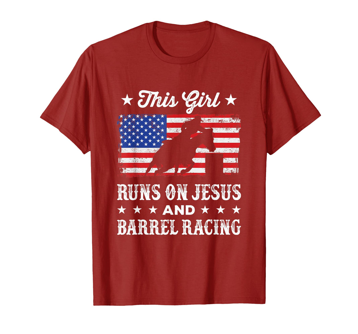 This Girl Runs on Jesus and Barrel Racing American Flag T-Shirt