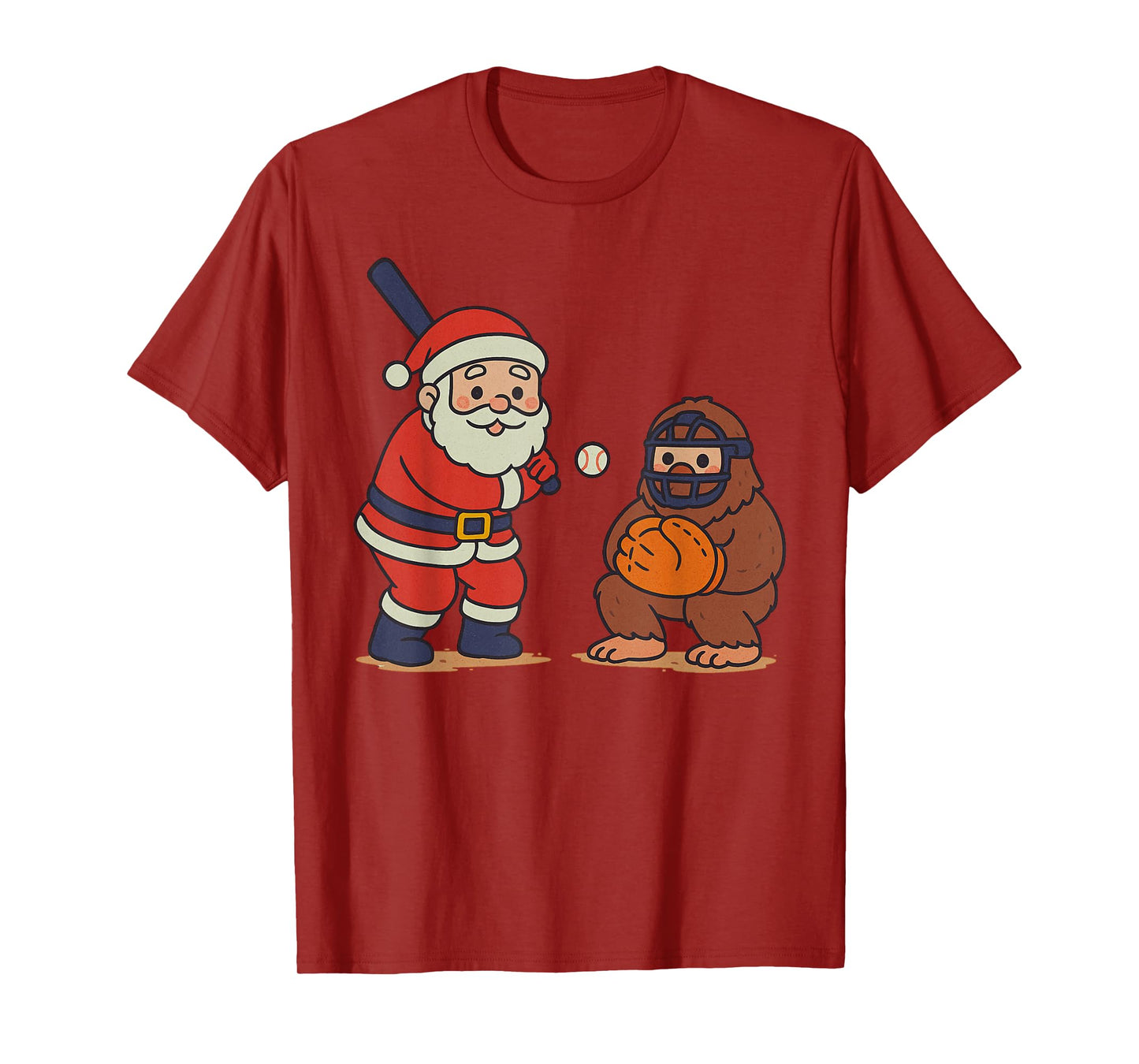 Santa Claus Sasquatch Playing Baseball Xmas Funny Christmas T-Shirt