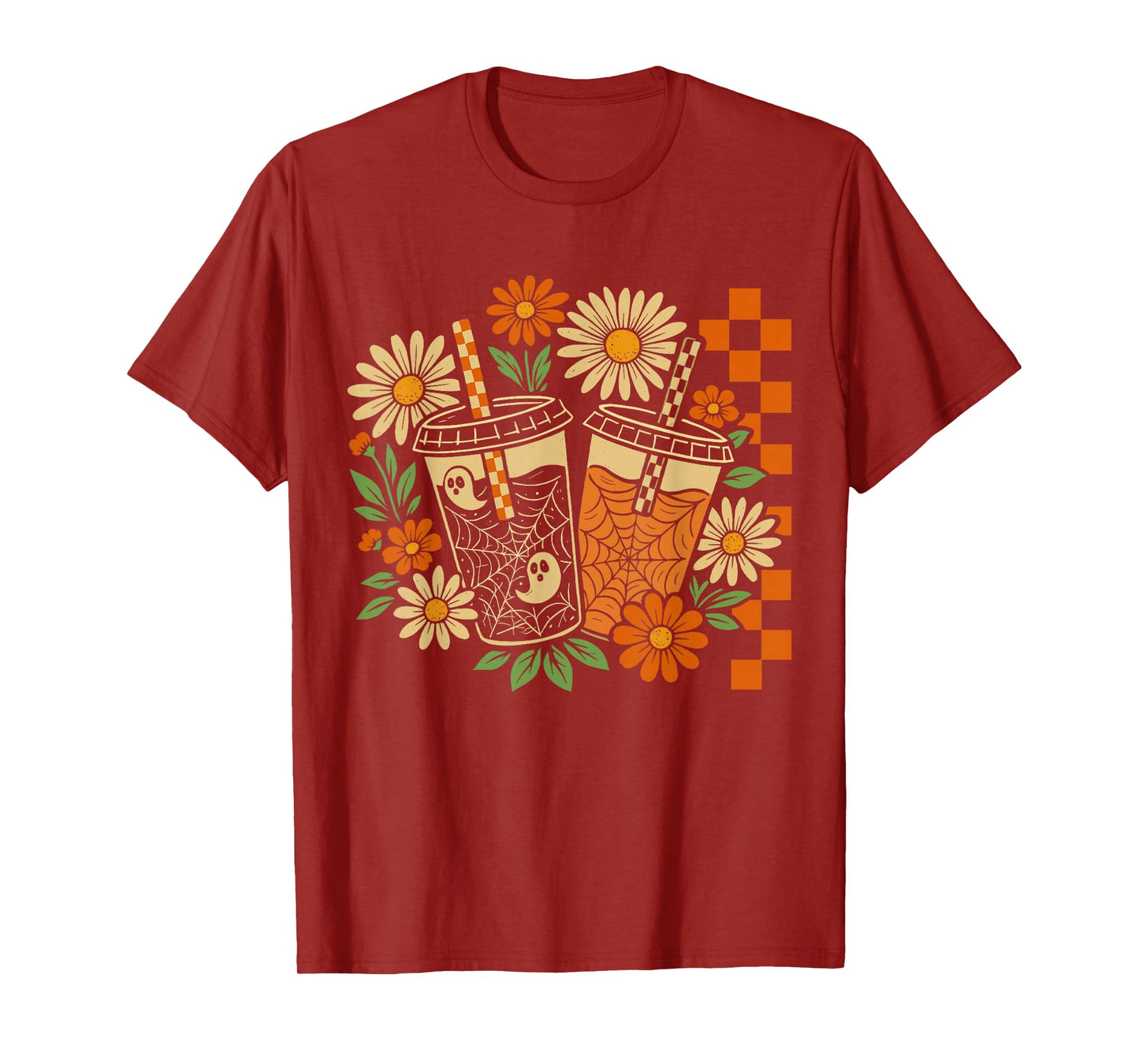 Vintage Halloween Spooky Boo Ghost Coffee Floral Checkered T-Shirt