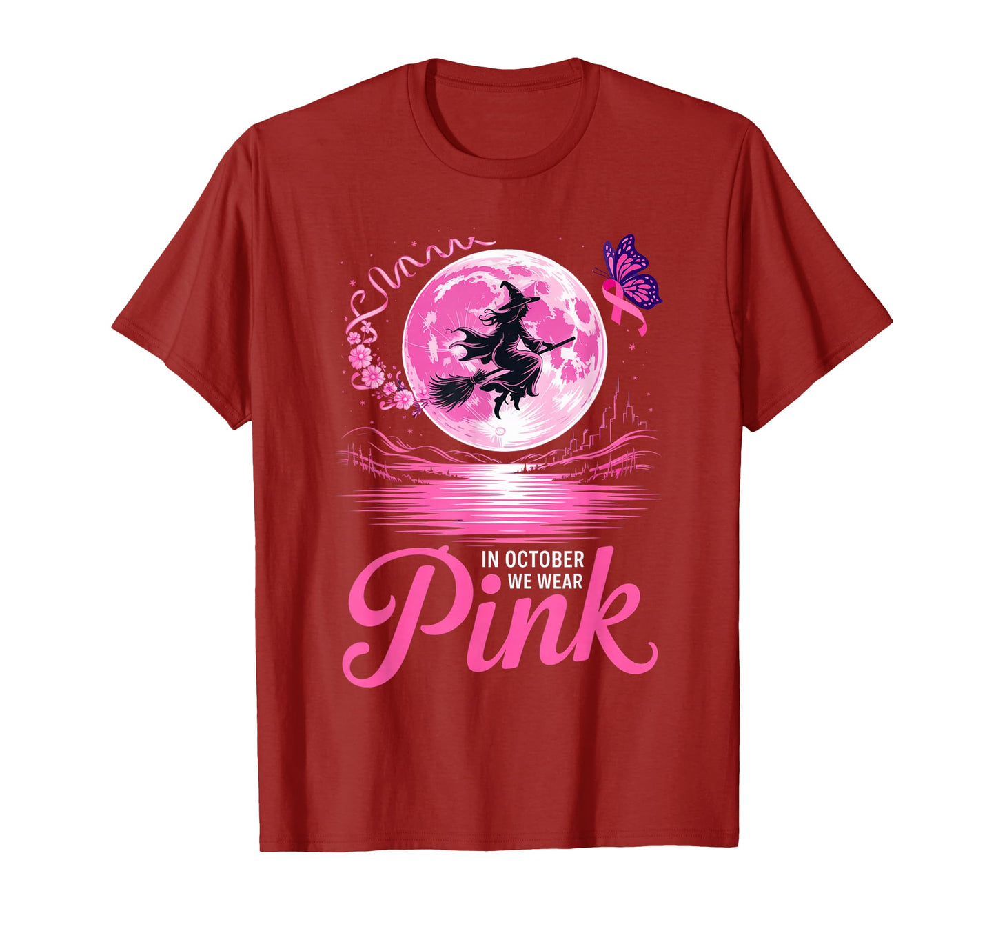 in October We Wear Pink Witch Moon Halloween Awareness Vibe T-Shirt