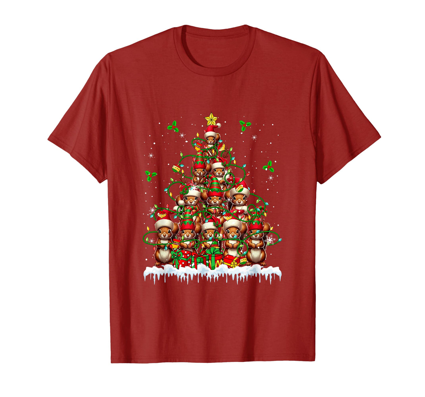 Group Santa Reindeer Elf Squirrels Xmas Tree Colorful Lights T-Shirt