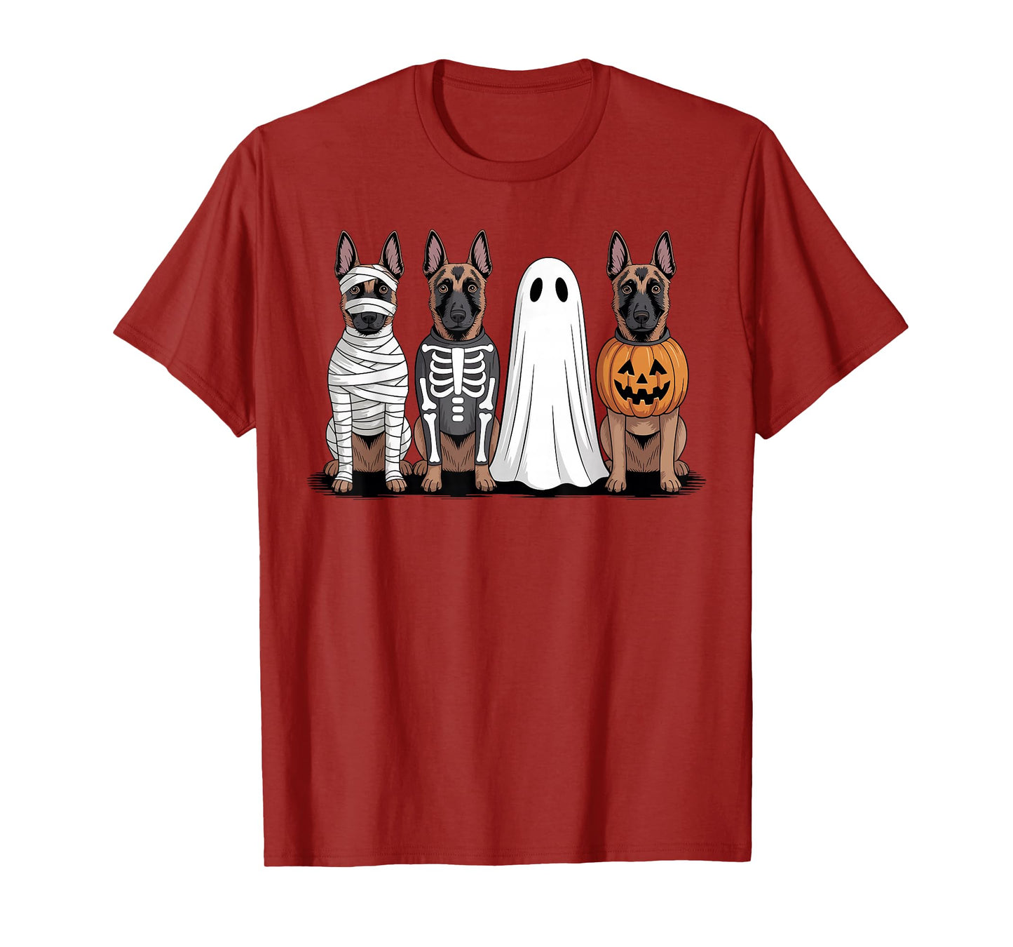 Spooky Ghost Belgian Malinois Pumpkin Halloween Dog Skeleton T-Shirt