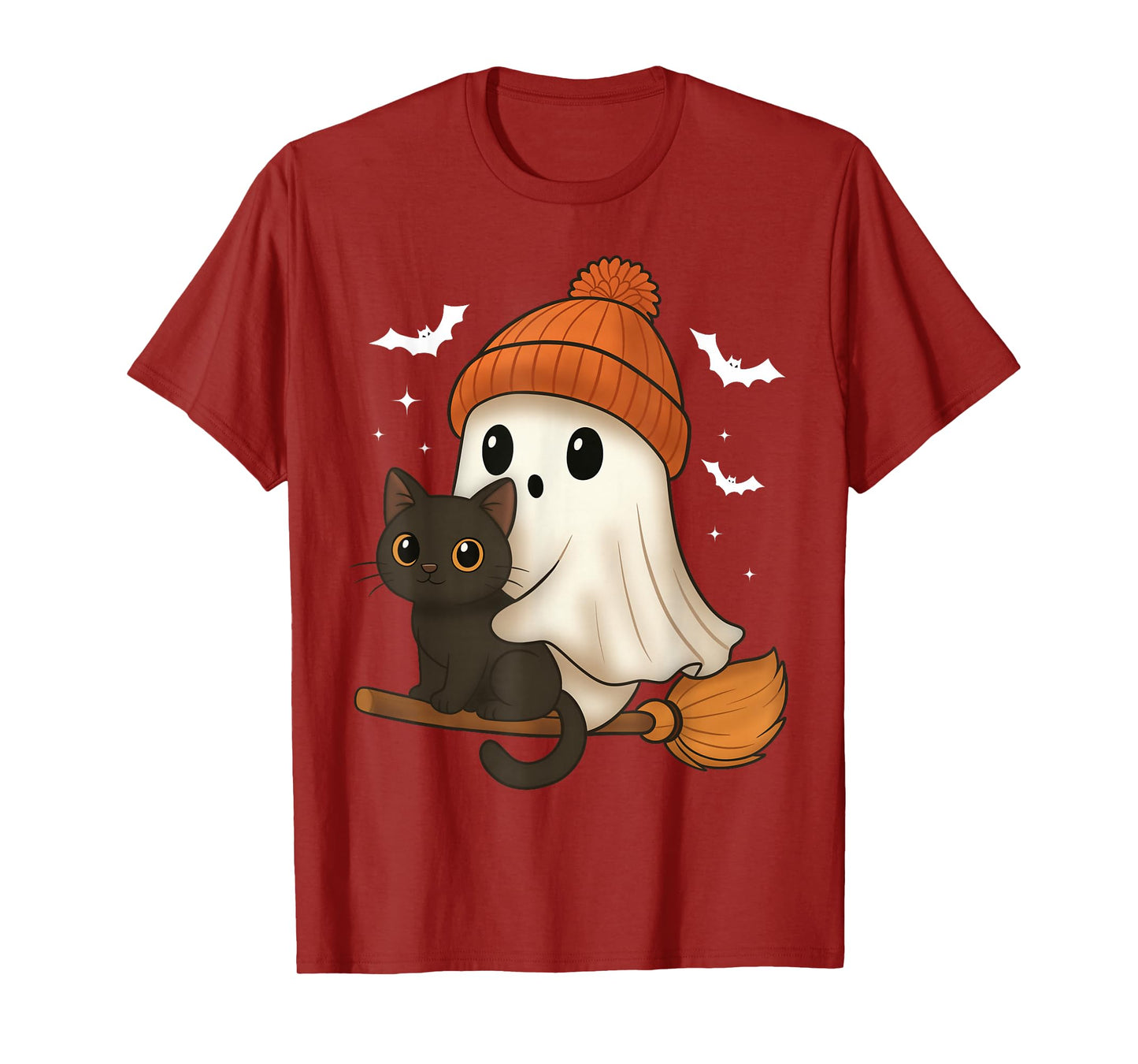 Cute Cat Flying On Broom with Ghost Stars Funny Halloween T-Shirt