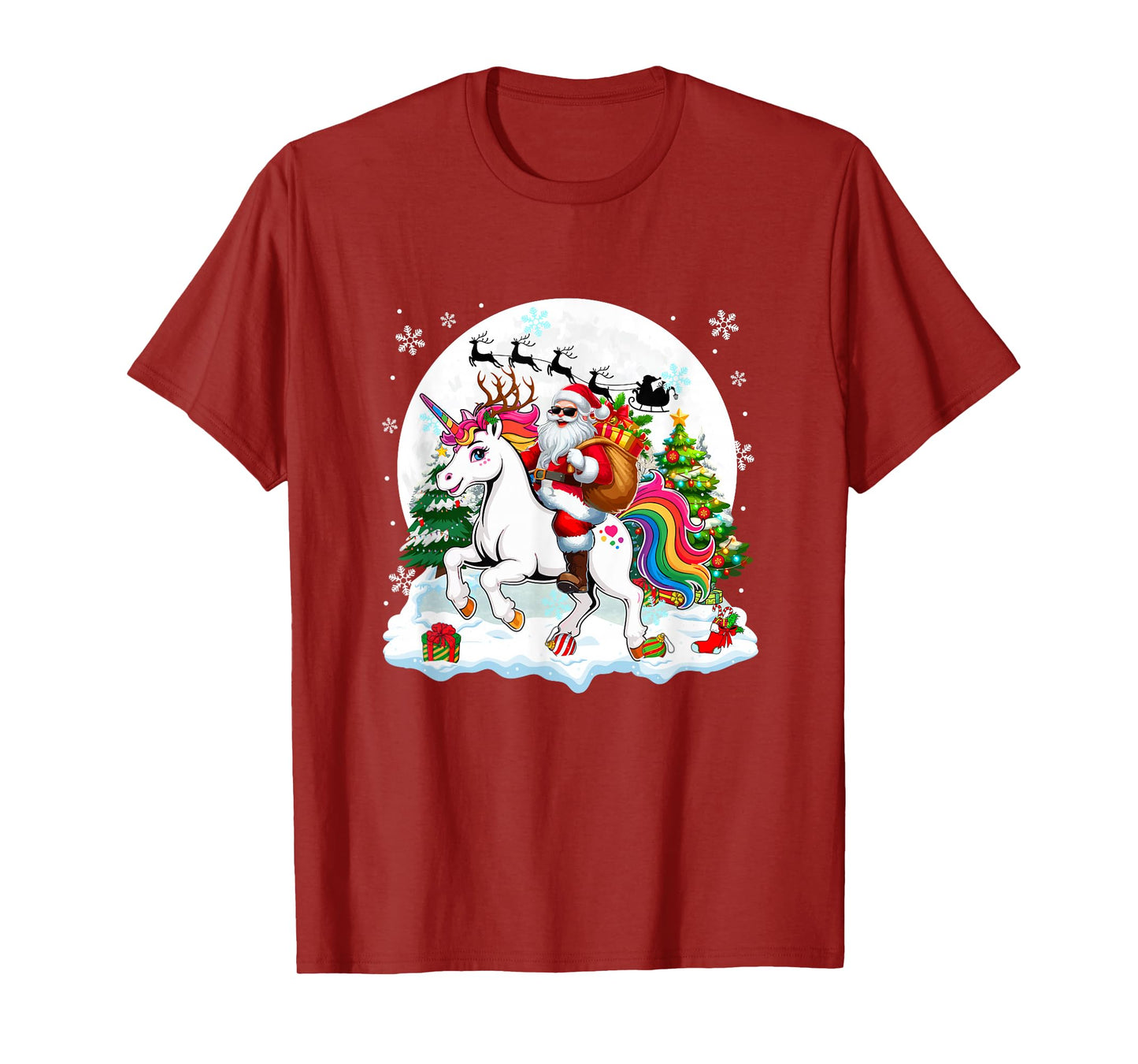 Santa Sunglasses Riding Unicorn Reindeer Christmas Snowman T-Shirt