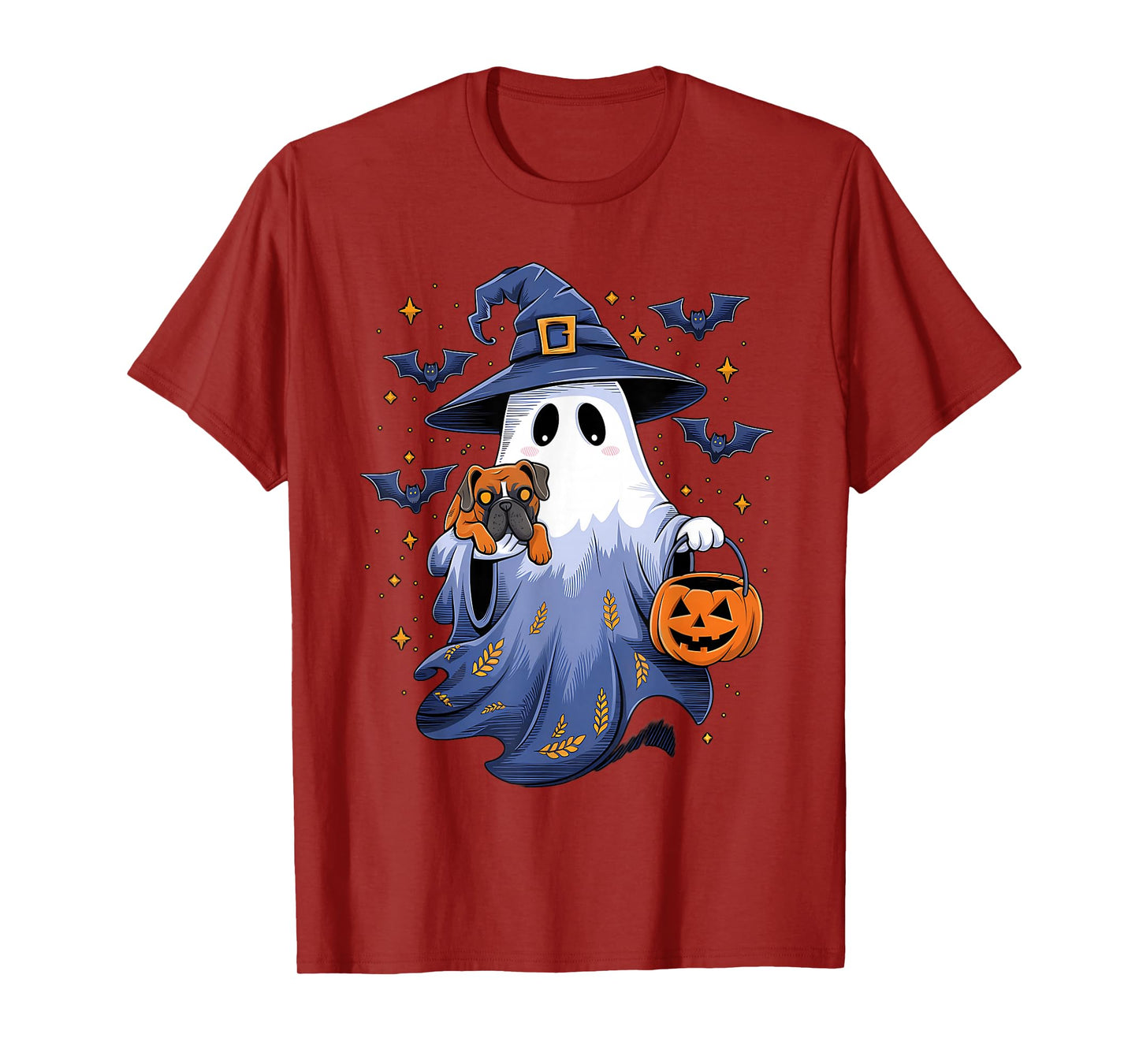 Ghost Witch Holding Boxer Dog Pumpkins Vintage Halloween T-Shirt