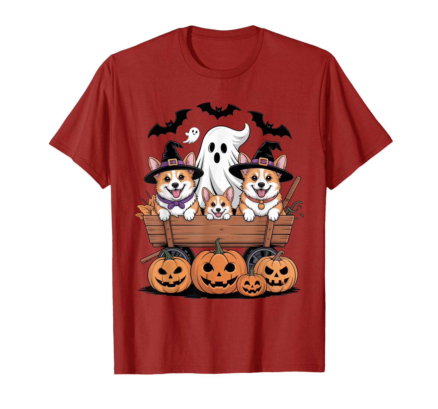 Cute Dogs Halloween Wagon Witch Hats Ghost Pumpkins Spooky T-Shirt