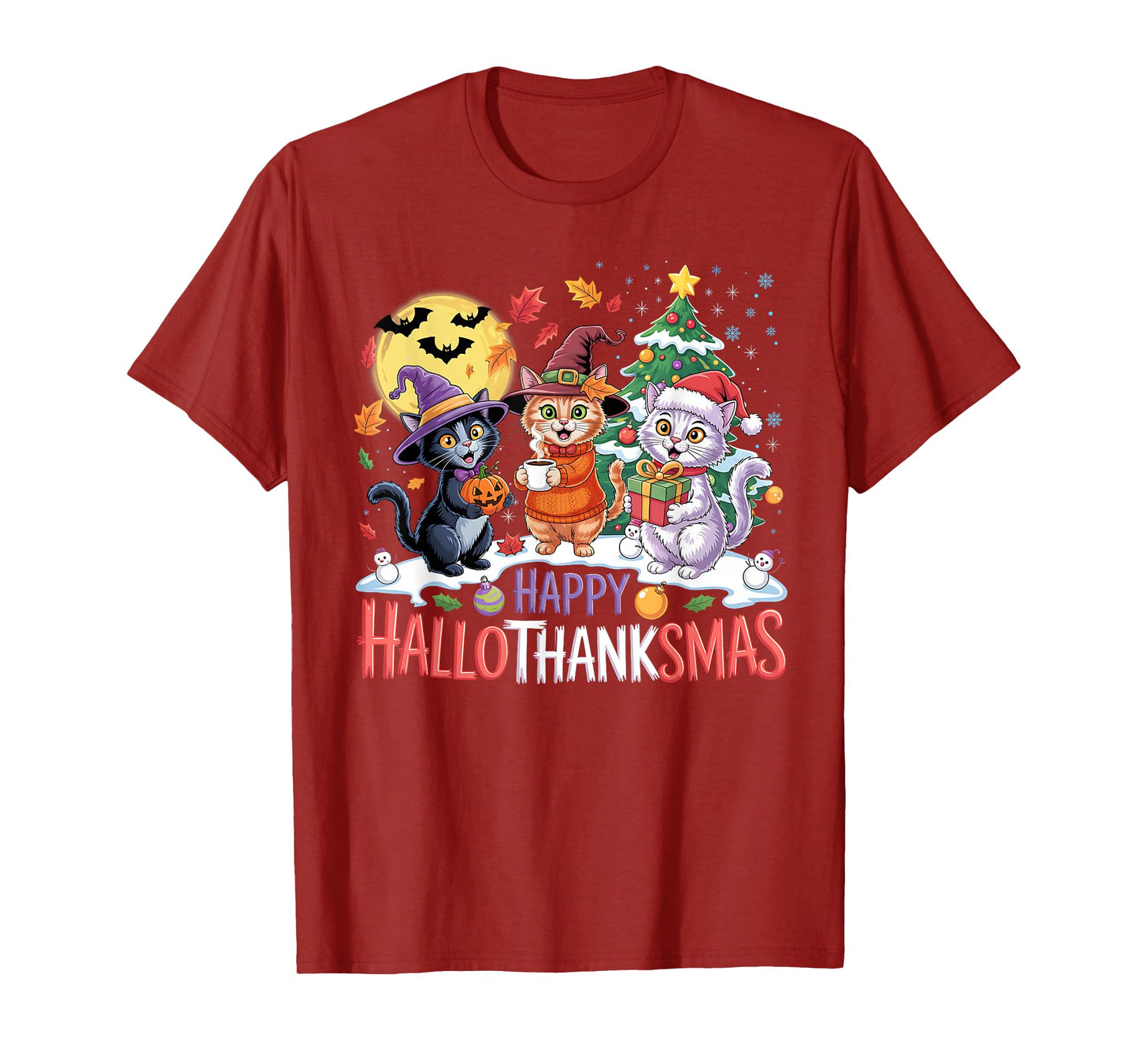 Cute Cat Halloween Christmas Thanksgiving Hallothanksmas T-Shirt
