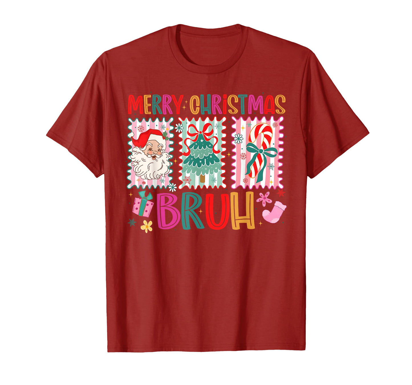 Preppy Merry Christmas Bruh Coquette Bow Santa Women Girl T-Shirt