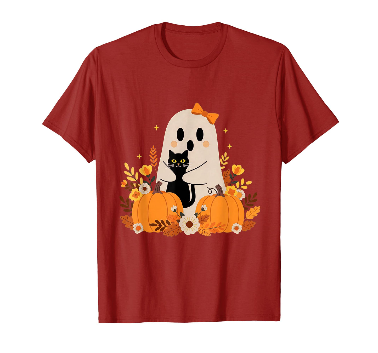 Vintage Halloween Ghost Holding Black Cat Groovy Floral T-Shirt