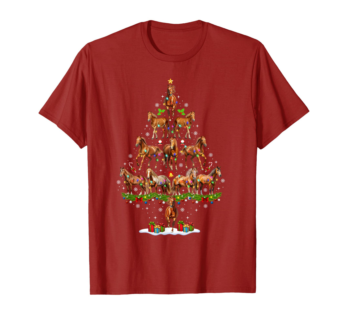 Funny Horse Christmas Tree Lights Santa Hat Xmas Pajamas T-Shirt